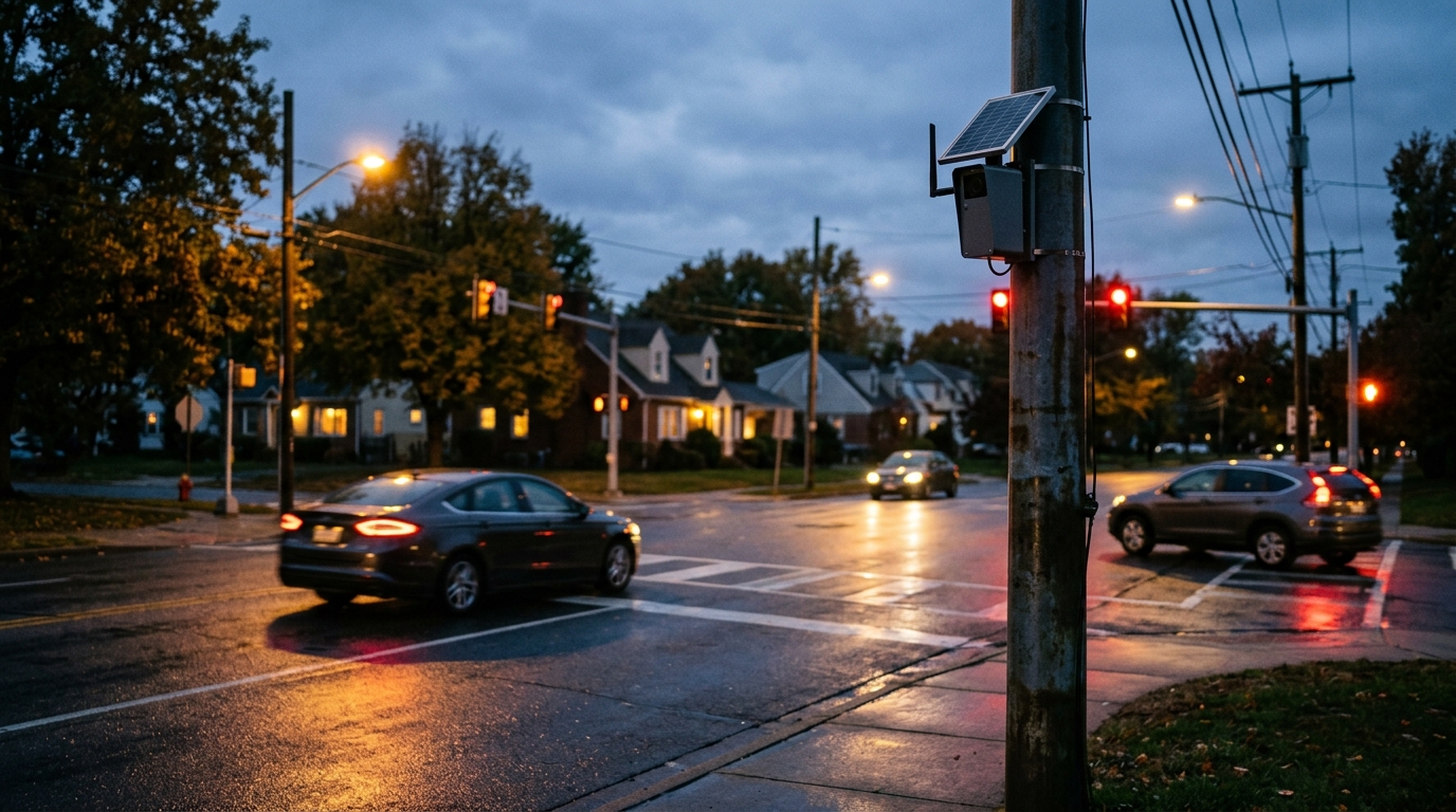 Dusk suburban street; a small pole-mounted camera watches passing cars.