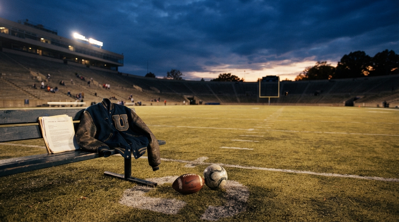 Empty college football field at dusk with stadium lights coming on; a scuffed football and a soccer ball rest on a wooden bench beside a folded legislative packet. No identifiable people or school logos.