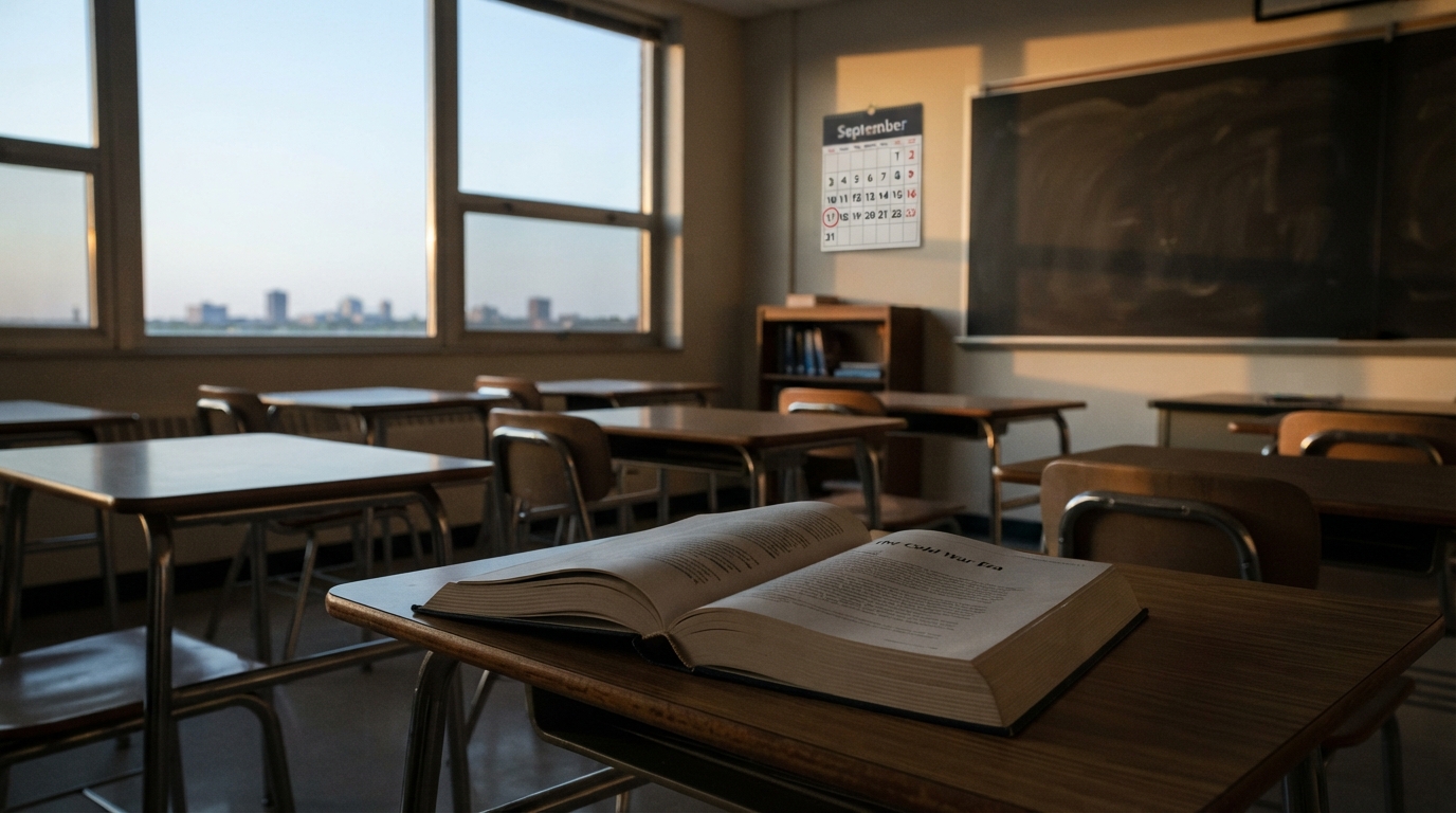 Empty classroom at dusk, an open history book on a desk and a wall calendar on September 11 left unmarked.