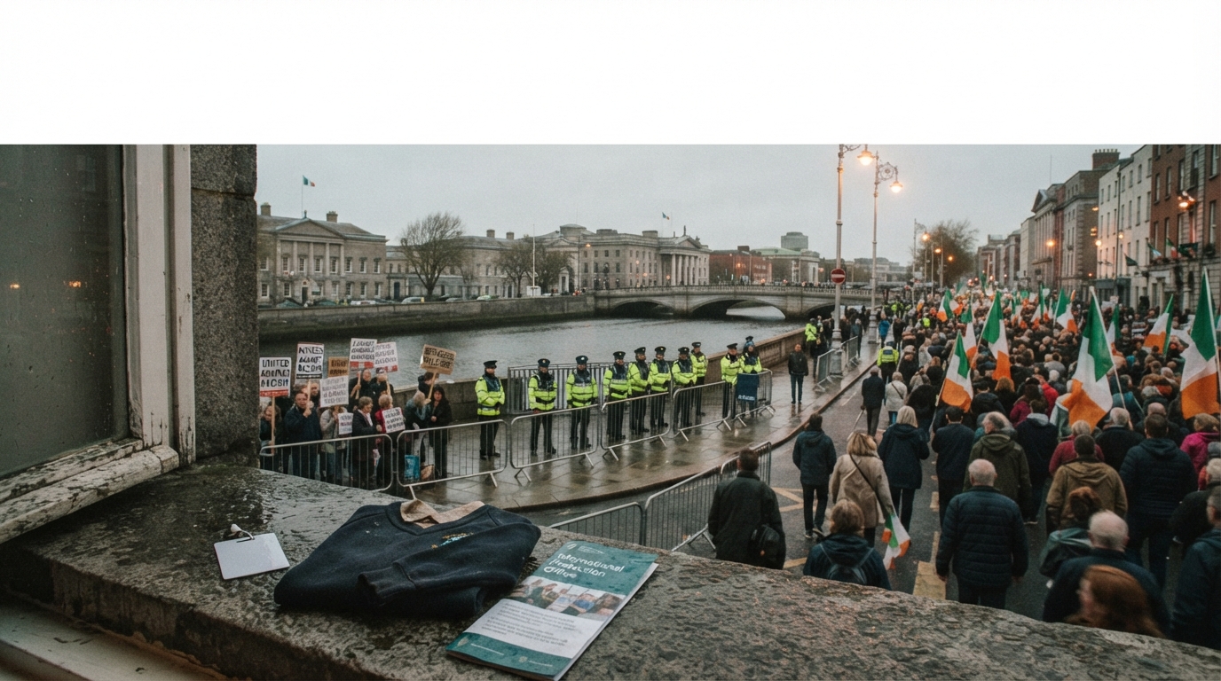 cinematic, wide-angle news-magazine photograph of Dublin under a grey sky. On the right, a crowd carrying Irish tricolour flags walks along a wet street. In the mid-ground, Garda officers stand behind metal barriers near a river, facing a counter-protest across the water with "United Against Racism" placards. In the foreground left, a rain-specked stone windowsill holds a hotel key card, a child's school jumper, and an International Protection leaflet. The top third of the frame features clean negative space.