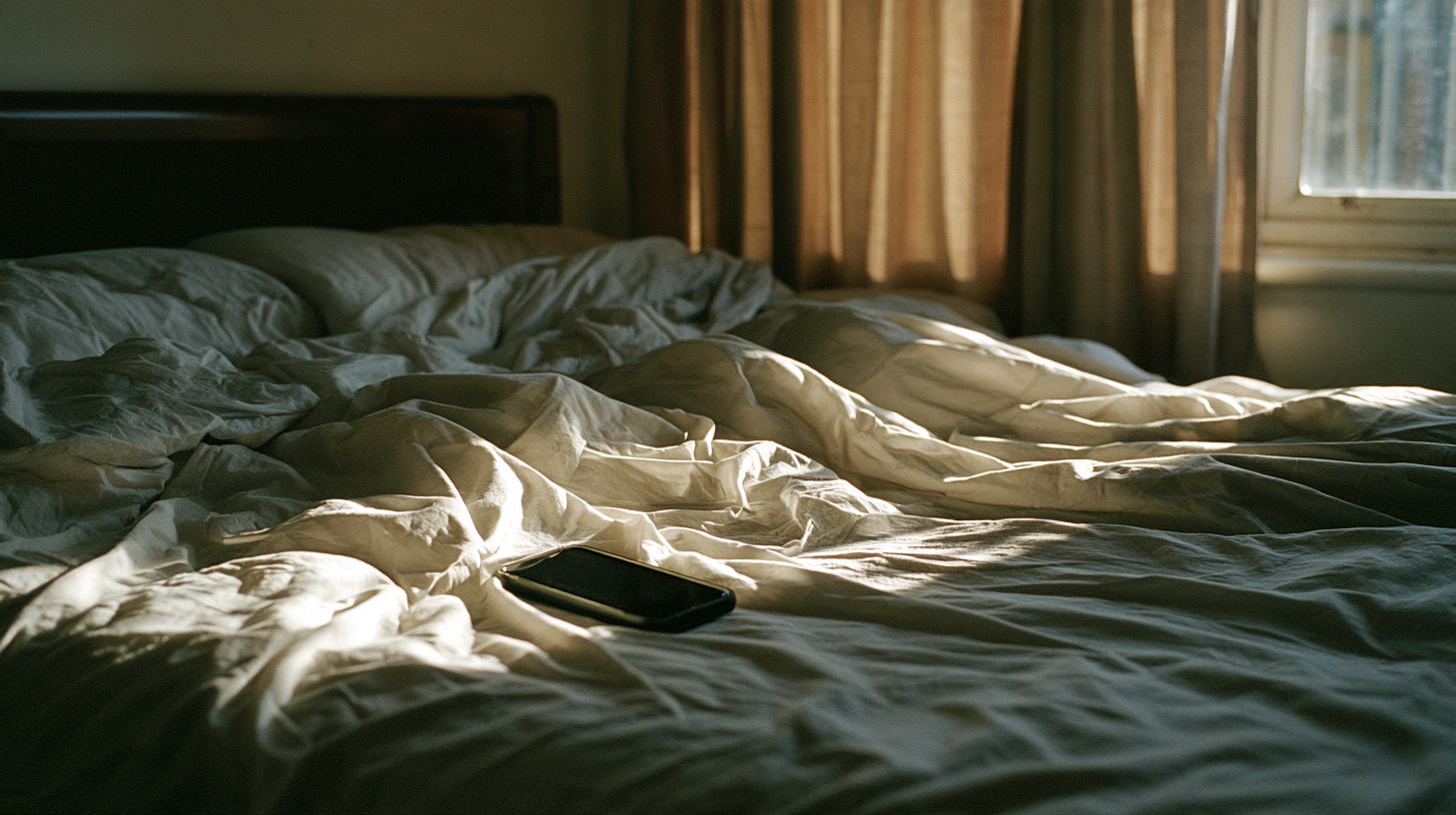 An unmade bed in daylight, sheets rumpled and pushed aside. A phone lies face-down near the centre. Curtains are drawn across the window, with sunlight leaking around the edges.