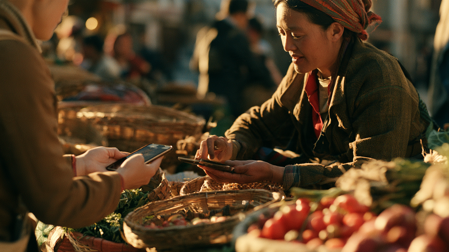 A market vendor in a headscarf leans across baskets of produce, holding a phone toward a customer who holds another. Late-afternoon light falls across tomatoes, greens and woven baskets.