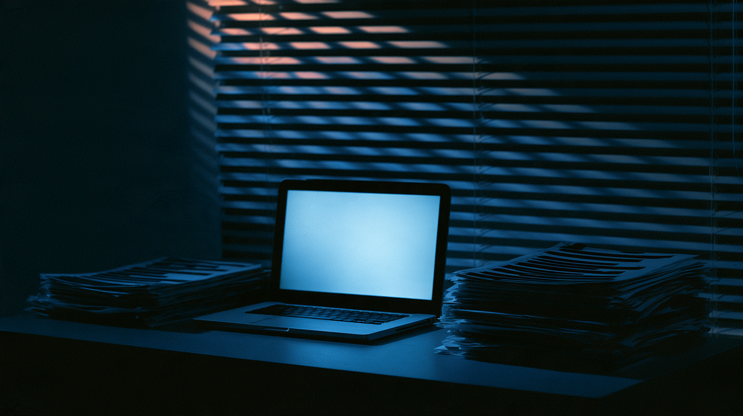An open laptop glows on a desk in an otherwise dark room, flanked by two tall stacks of loose printed pages. Venetian blind shadows stripe the wall behind it.