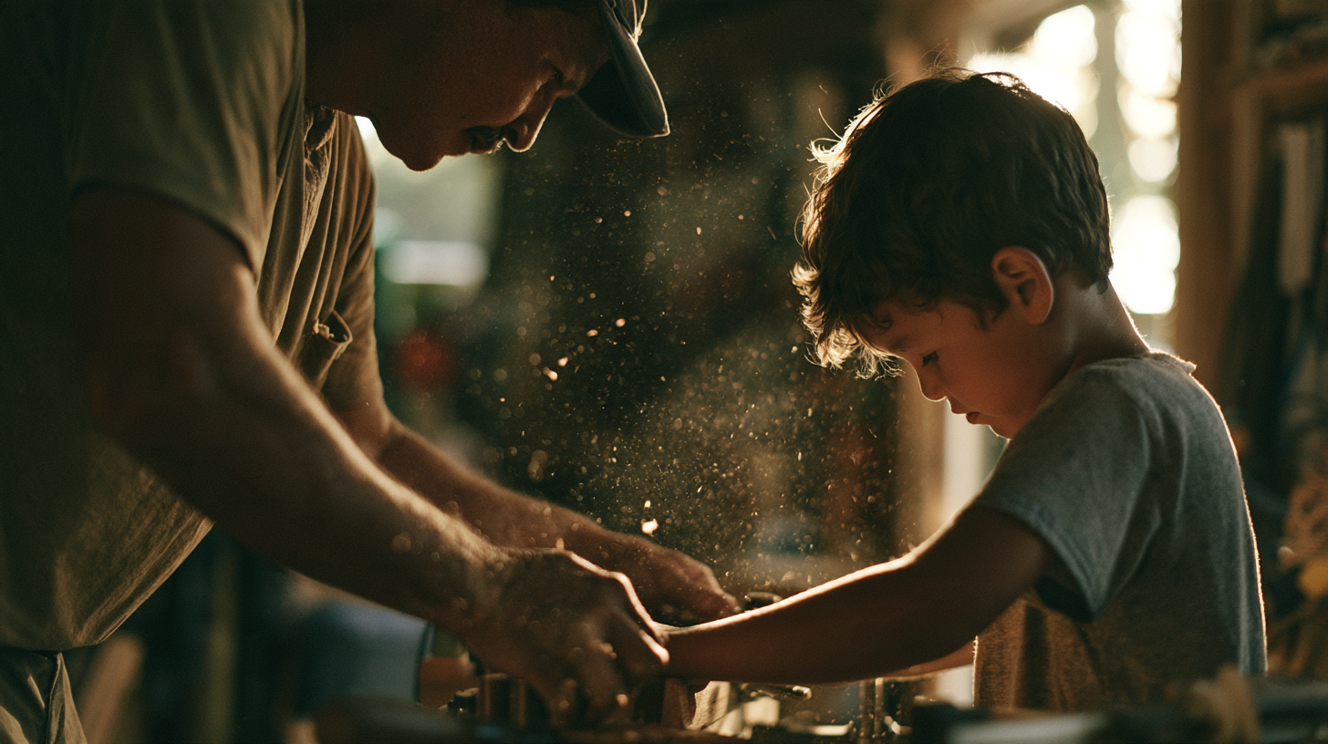 A man in a work shirt and cap leans over a workbench, guiding a young boy's hands on a tool. Sawdust hangs in the backlit air between them. Both are looking down at the work.