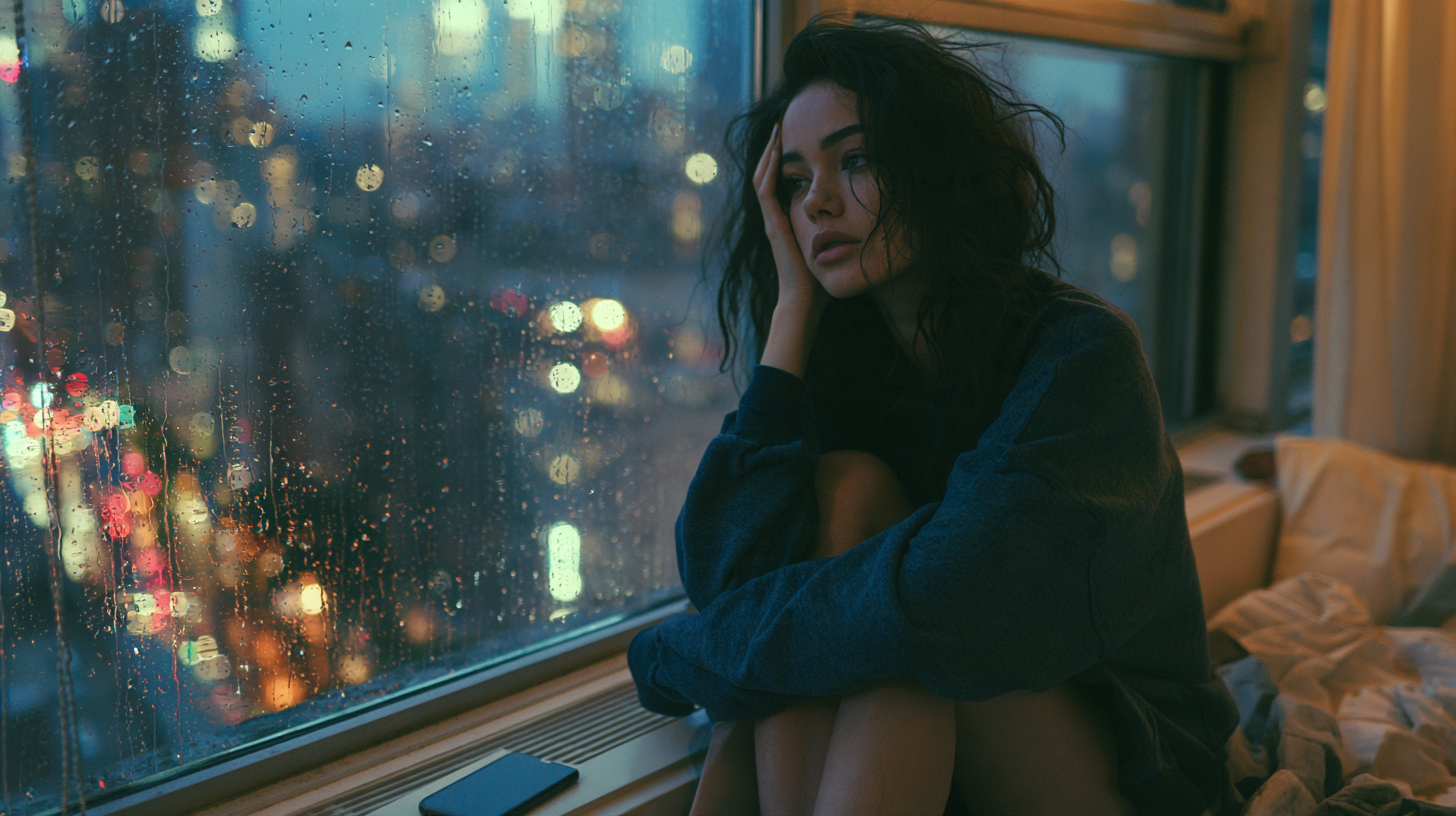 A young woman sits on a windowsill at dusk, one hand against her temple, looking out through rain-streaked glass at blurred city lights. A phone lies face-down on the sill beside her; an unmade bed fills the room behind.